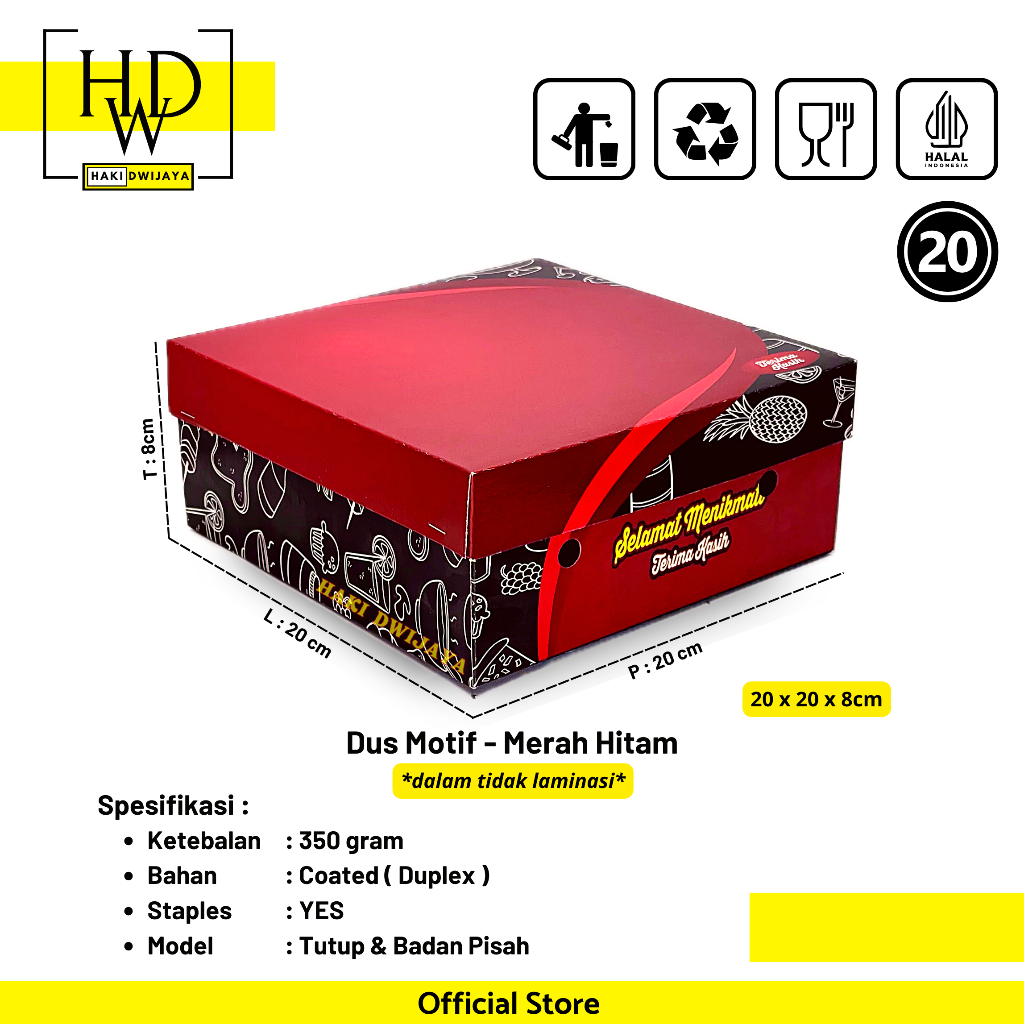 [MIN 20Pcs] Dus / Kotak Nasi 20x20x8cm Full Colour - Motif Merah Hitam