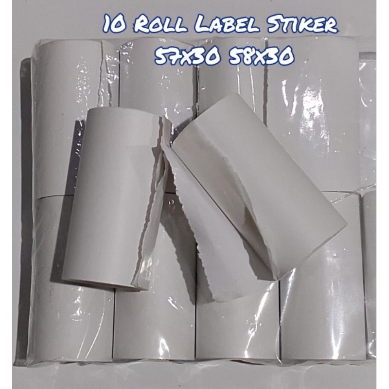 

10 ROLL STIKER LABEL 57X30 58X30 & KERTAS THERMAL MINI PRINTER BLUETOOTH 58MM