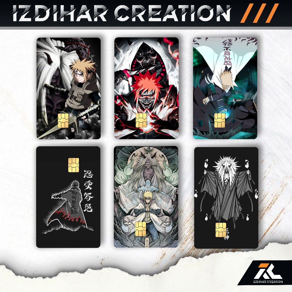 

Stiker ATM Sticker KTP SIM ETOLL EMONEY FLAZZ Skincard Skin Tema Minato , Laminasi Glosy Anti Air