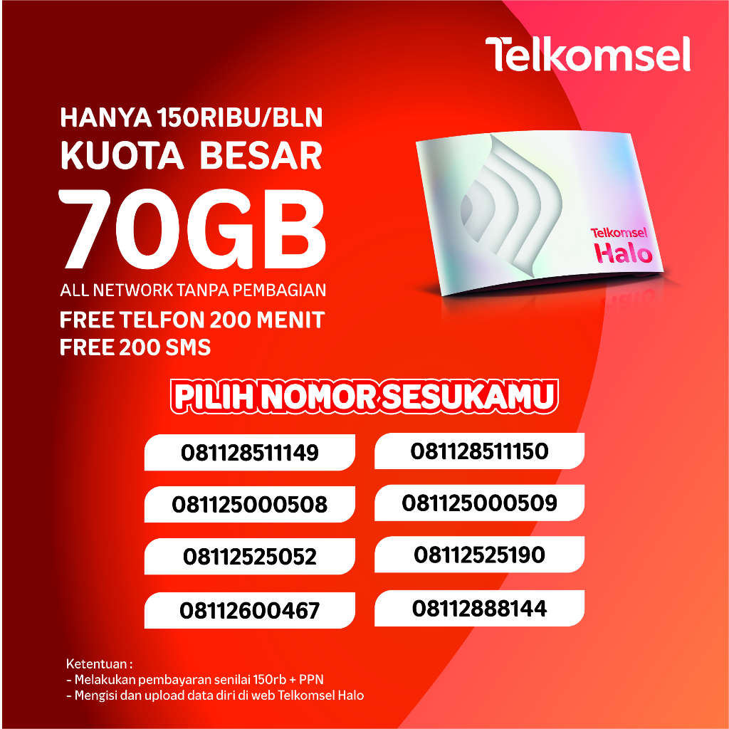 Telkomsel Halo Kuota Besar 70GB + Nomor Cantik