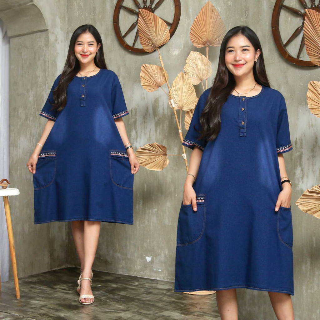 Dress Jeans Premium Wanita Kantong Casual Kancing Baju Pendek Daster Jumbo Polos Busui