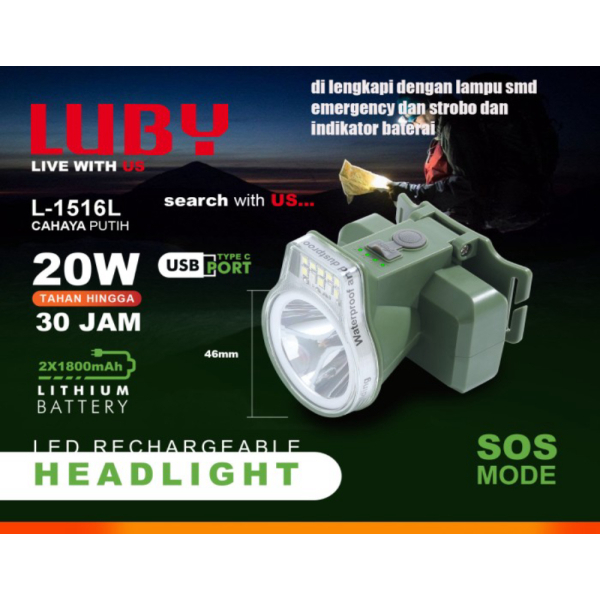 LUBY L-1516L Senter Kepala LED 20w emergency lampu strobo headlamp