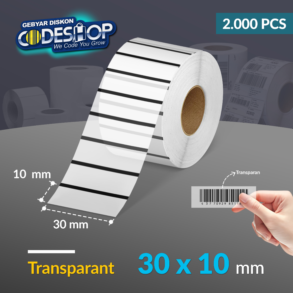 

Codeshop Label Transparan 30 x 10 mm 1 Line Stiker Printer Barcode Core 1 Inch Isi 2000 Pcs