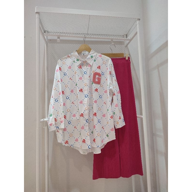 korean one set kemeja white panjang oversize Gentle Woman bahan Silk Premium celana kulot impor Bang