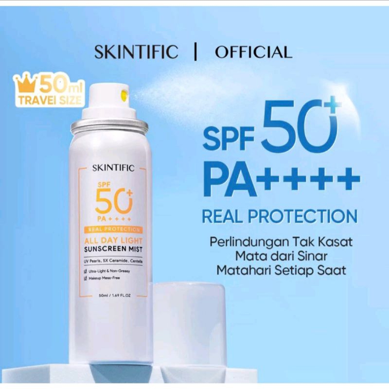 SKINTIFIC ALL DAY LIGHT SANSCREEN MIST SPF 50 PA++++ SANSCREEN SPRAY ANTI UV WAJAH/BODY SPRAY 50ml