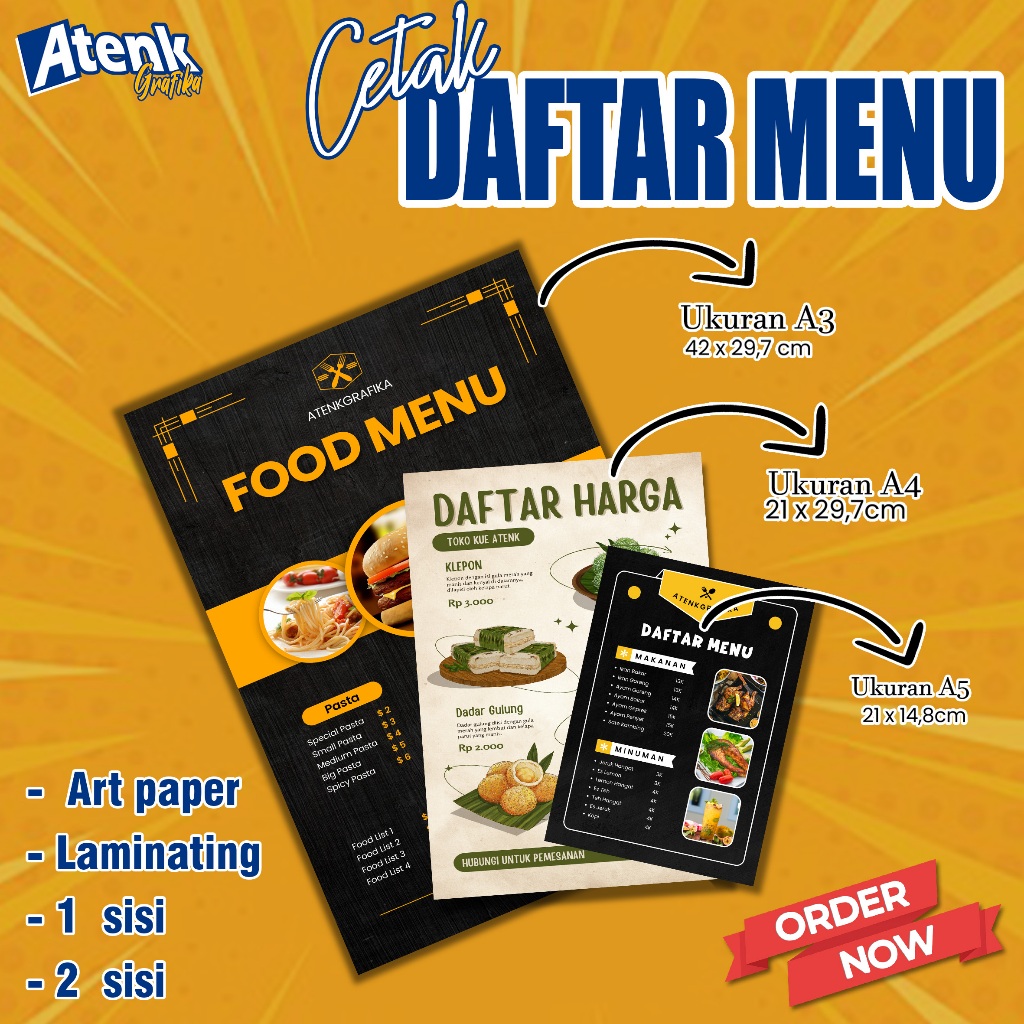 

Cetak Daftar Menu Makanan Minuman Cafe Custom A3 A4 A5