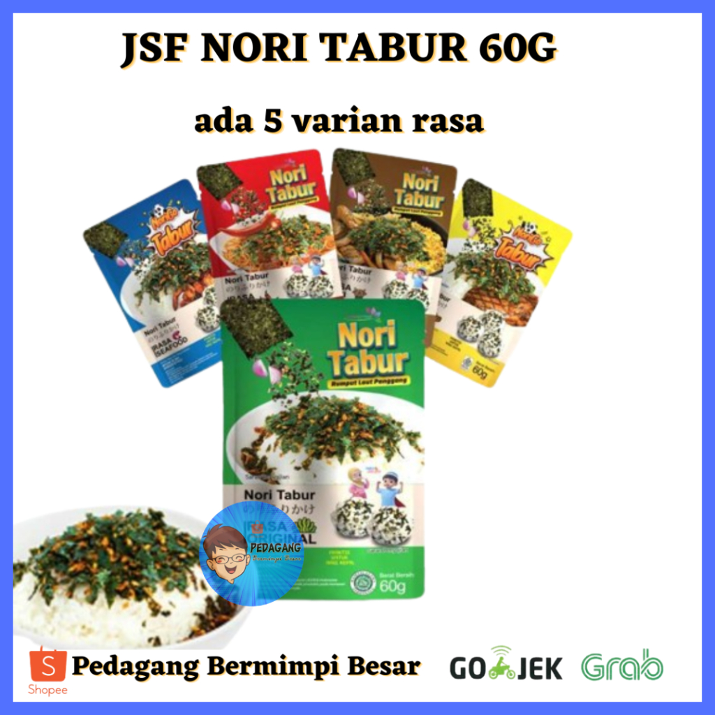 

JSF NORI TABUR ADA 5 VARIAN RASA 60G / Nori Tabur Rumput Laut Panggang 60g Halal/ Nori tabur rumput laut/ nori tabur/ Nori tabur rumput laut panggang