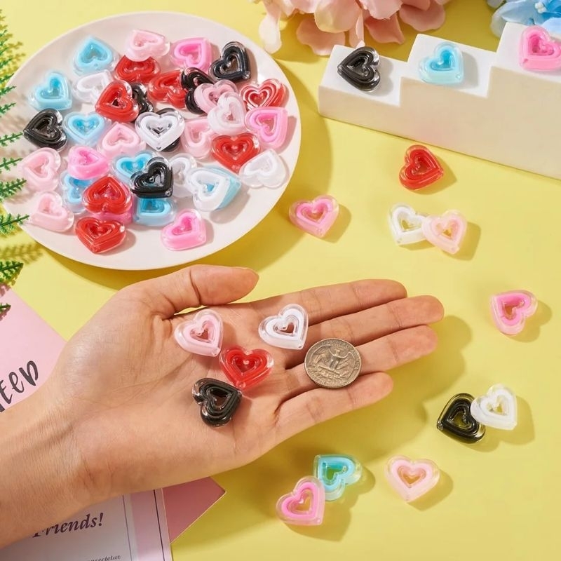 5 pcs Mote RING LOVE LIST KACA Premium Import Heart Love Akrilik Manik Monte Parel Motif Acrylic Ana