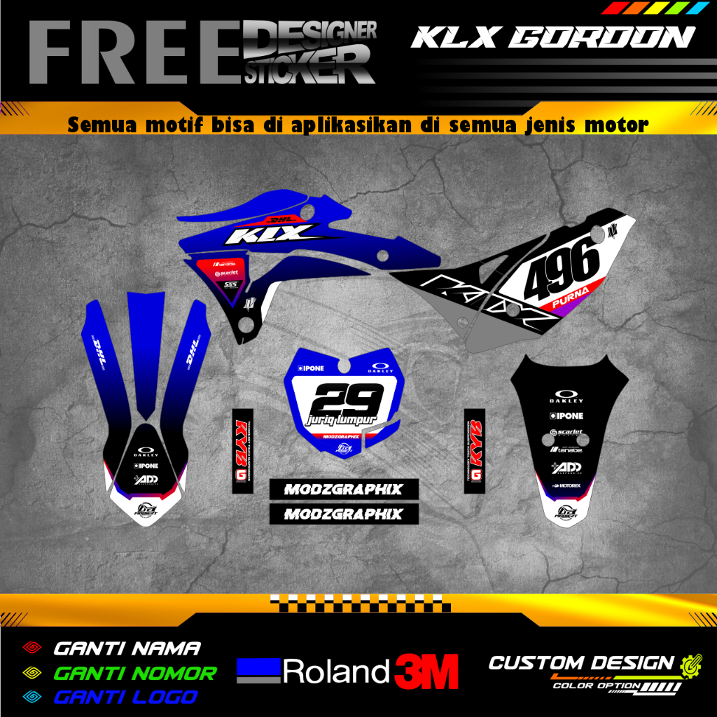 DECAL STIKER KLX GORDON CUSTOM DESIGN BIRU HITAM