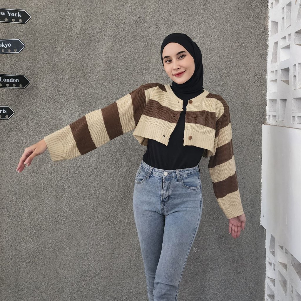 NOUSKA - JENNER Cardigan Rajut Korea Garis Belang Crop Top Outer Kekinian Korean Style