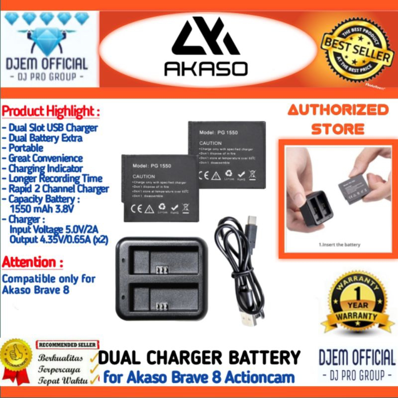AKASO Brave 8 Dual Charger + 2 Battery Kit Camera Actioncam Akaso Brave8 4K Wifi Baterai Kamera Akas