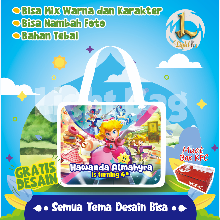 

TAS SOUVENIR ULTAH PRINCESS PEACH CUSTOM / TAS SOUVENIR PREMIUM / GRATIS DESAIN / BONUS FOTO ANAK / GOODIE BAG CUTE PRINCESS / TAS ULANG TAHUN PRINCESS PEACH / TAS ULTAH CUSTOM / TAS SOUVENIR 2 HARI JADI / TAS ULTAH / TAS ULANG TAHUN / BISA TAMBAH FOTO