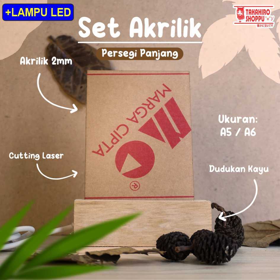 SET AKRILIK POLOS BENING 2mm A5 / A6 DENGAN DUDUKAN KAYU (+ LAMPU LED)