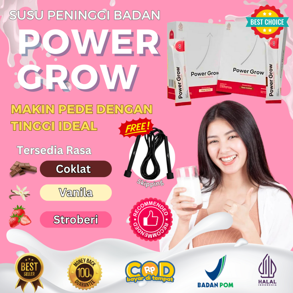 Susu Power Grow Rasa Stroberi Paket Suplemen Obat Peninggi Badan Kotak Bubuk Sachet Kalsium Penambah