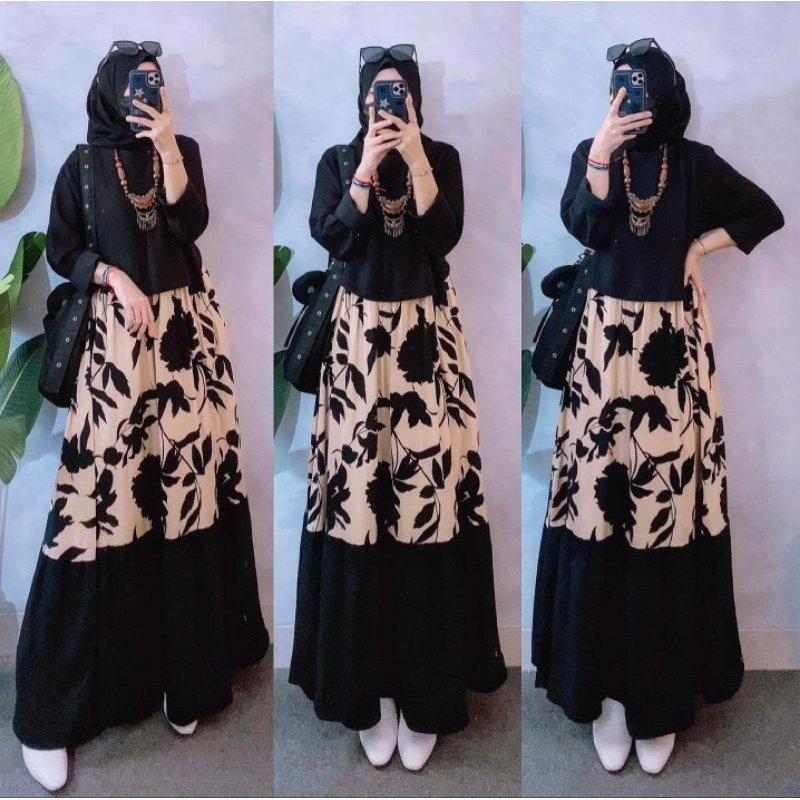 Bebby Dress warna putih kombinasi coklat white mocca Maxi gamis wanita bahan rajut Kaos knit import 