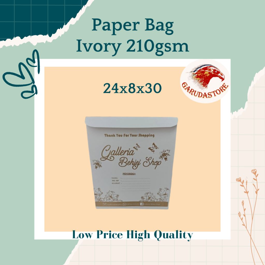 

Paperbag Custom , Paper Bag Amplop , Amplop Packaging Bahan ivory putih 210gsm size P24 L8 T30