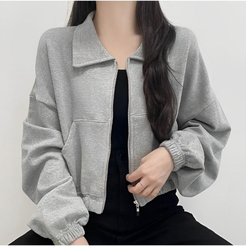 jacket wanita collared fuzzy crop Korean style