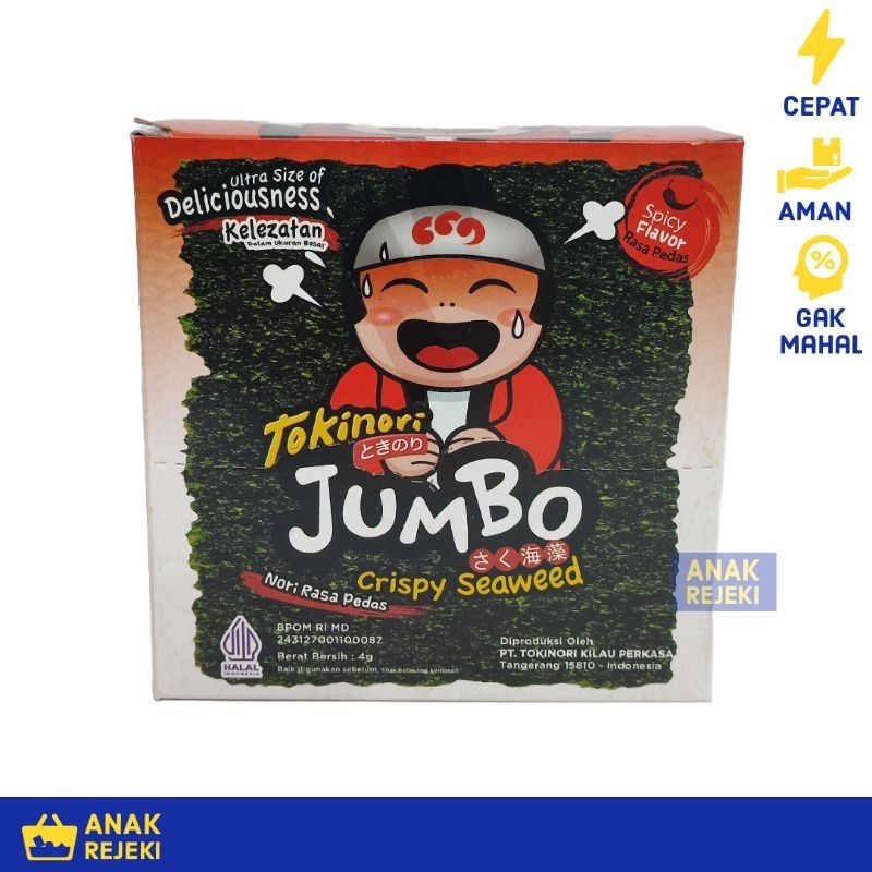 

Tokinori Jumbo Nori rasa Spicy Pedas 4gr - Seaweed Rumput Laut Snack - 1 box (12pcs)