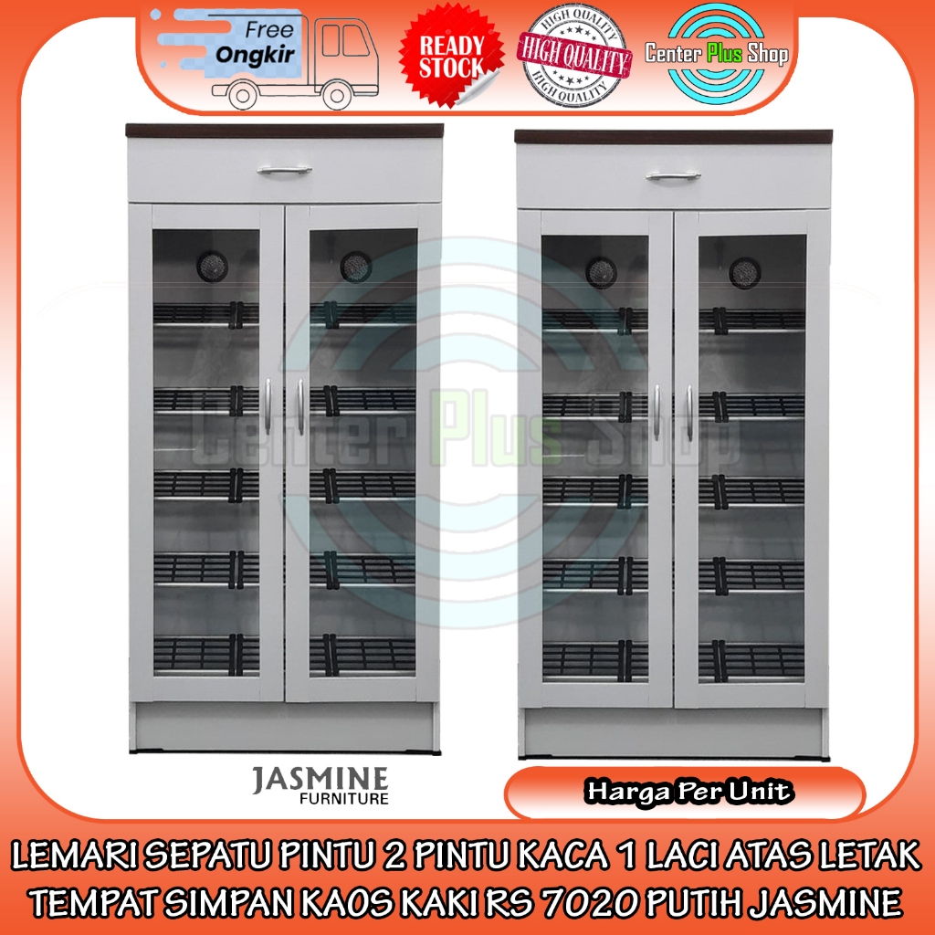 [Instant] LEMARI SEPATU PINTU 2 PINTU KACA 1 LACI ATAS LETAK TEMPAT SIMPAN KAOS KAKI RS 7020 PUTIH J