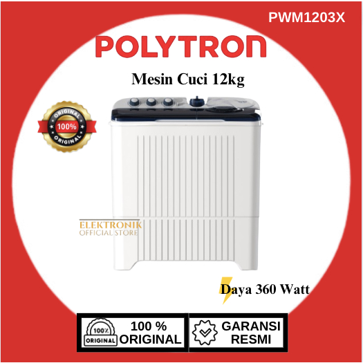 POLYTRON Mesin Cuci 2 Tabung PWM 1203X 12KG/ PWM-1203X/PWM1203X /PWM 1203X/100% ORIGINAL/BERGARANSI