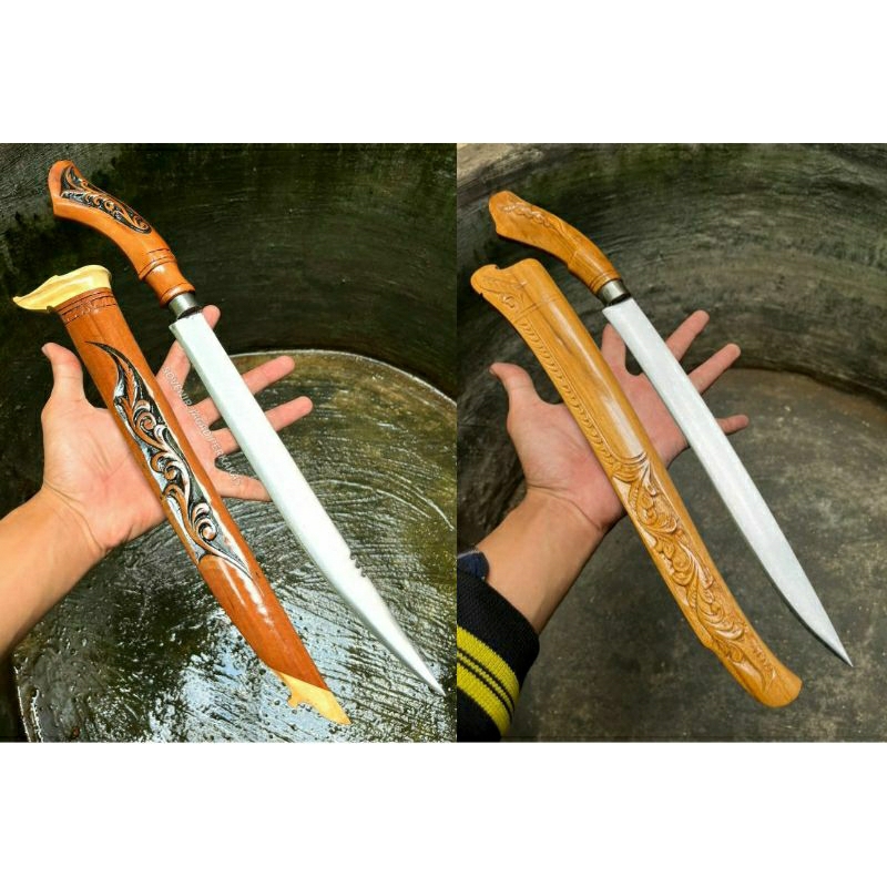 Pisau Tradisional Ren Cong Panjang Sembelih Hewan Baja Asli Kayu rasamala ukir