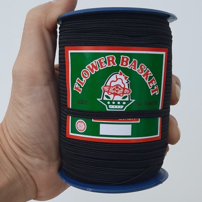 1 roll Karet Elastis 4 mm / Tali Karet Masker 4mm isi 90 yard hitam flower basket