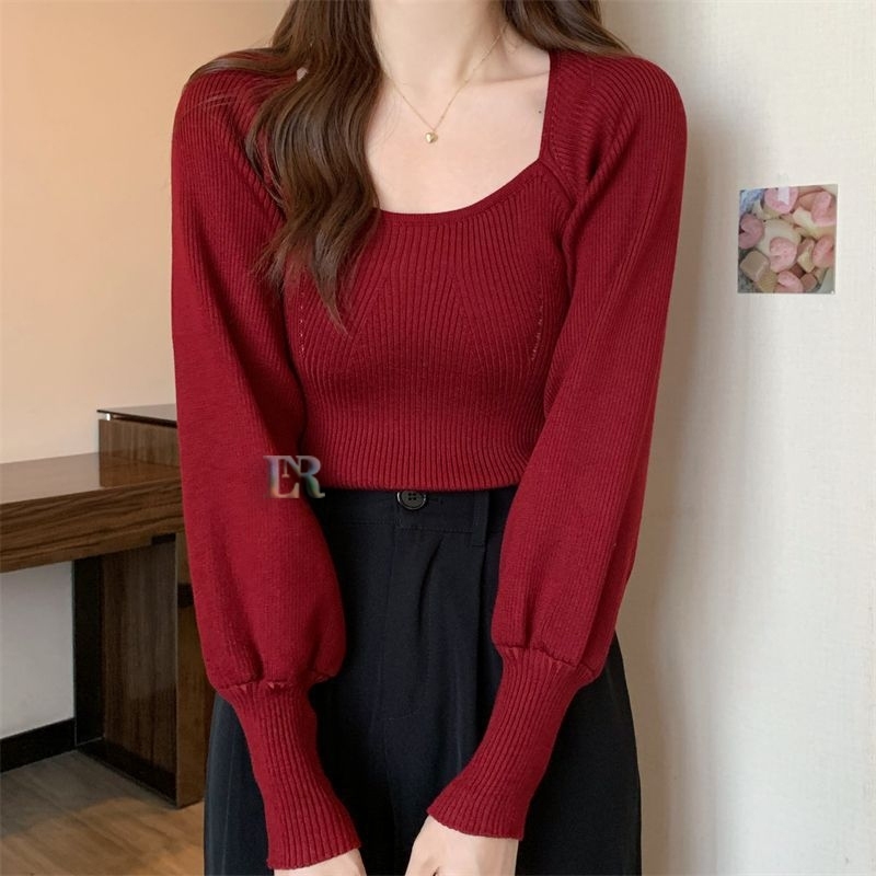 Atasan Wanita Remaja Dewasa Lengan Panjang Polosan Bahan Rajut Knit Premium Import Sweater Santai Ou