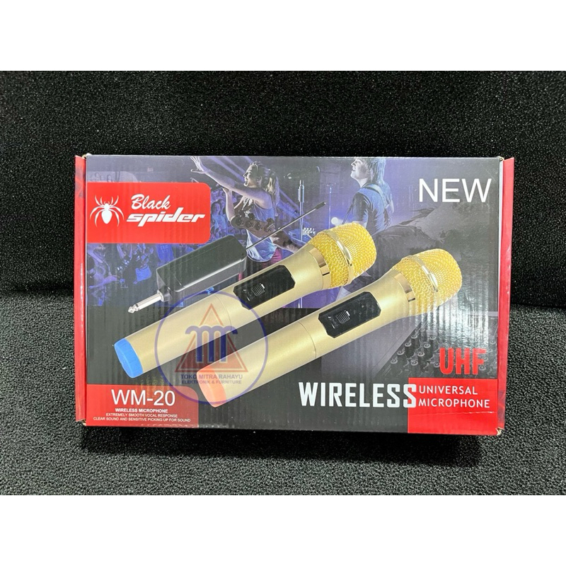 Mic wireless black spider wm 20 / wm20 original 2 microphone genggam UHF (Nirkabel)