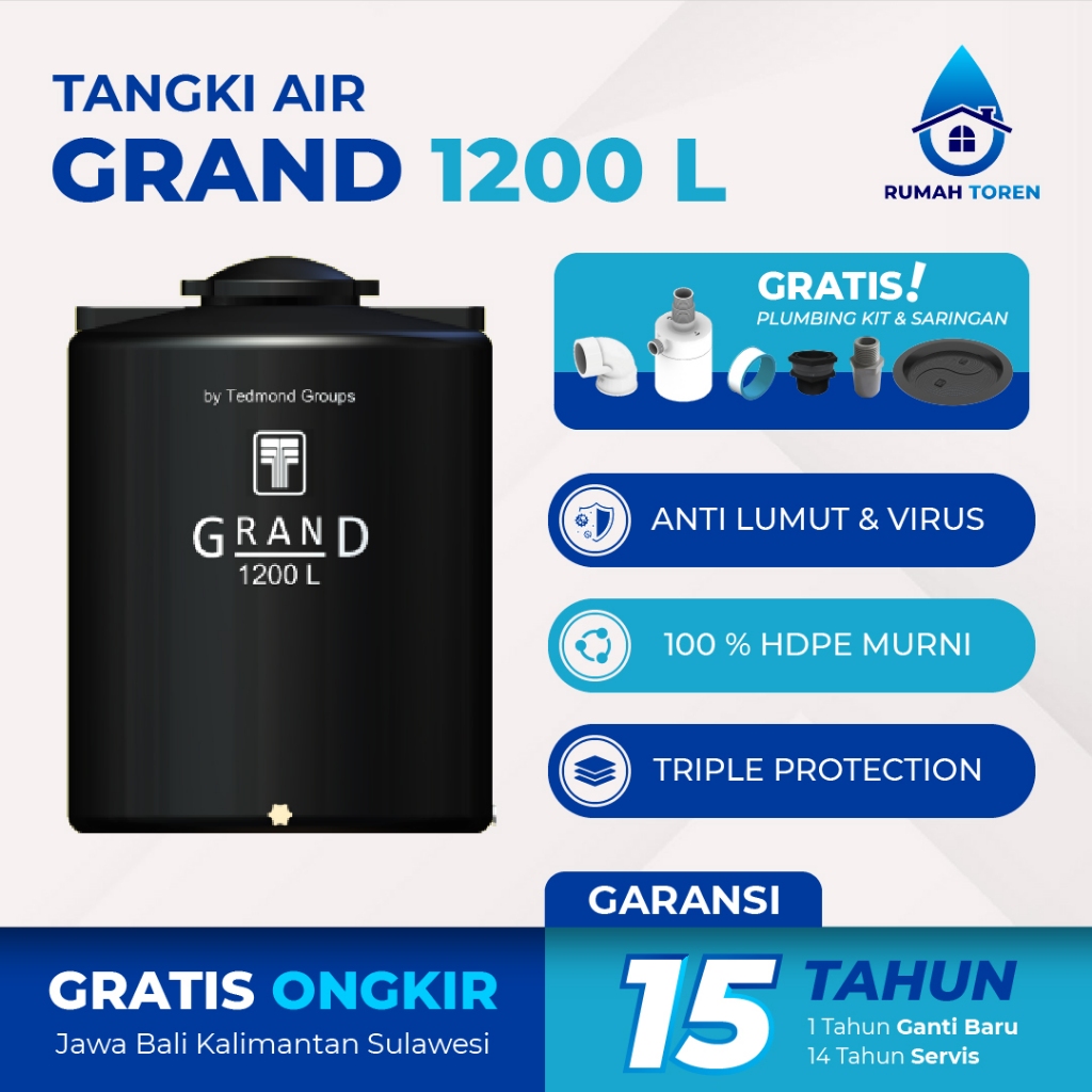 Tangki Tandon Toren Air Grand 1200 Liter Anti Lumut Free Ongkir