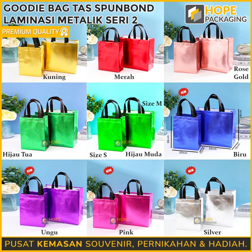 

Tas Spunbond Metalik Polos SERI 2 / Goodie Bag Glossy Metalik / Tas Hampers / Tas Jinjing Polos Glossy