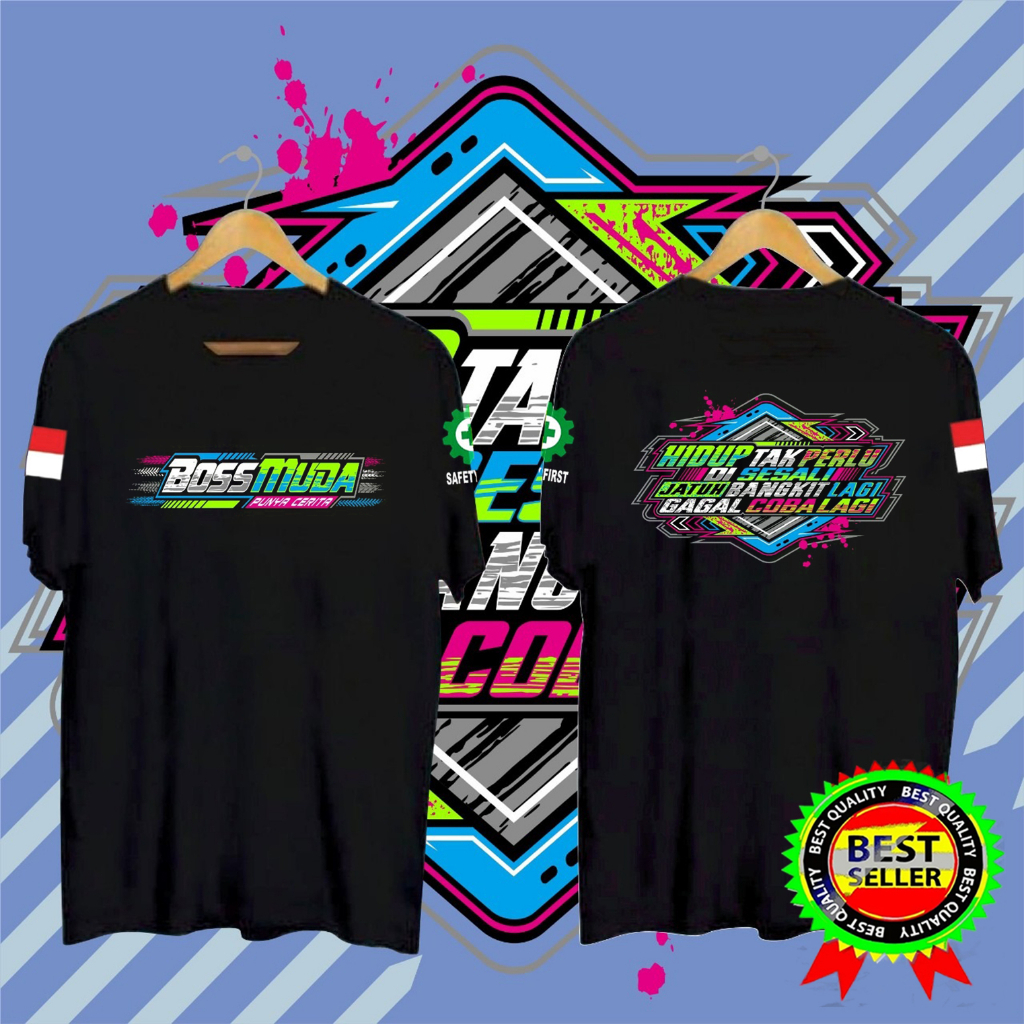 Baju Kaos Pria Boss Muda PUNYA CERITA JATUH BANGKIT LAGI GAGAL COBA LAGI Free Sticker