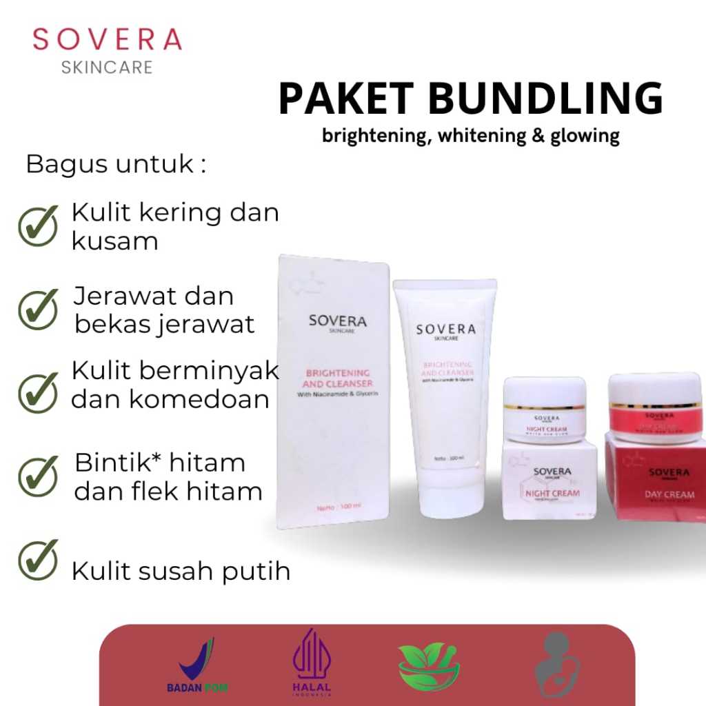 Paket pemutih wajah whitening & glowing sovera skincare - isi 3 pcs Day cream night cream facial was