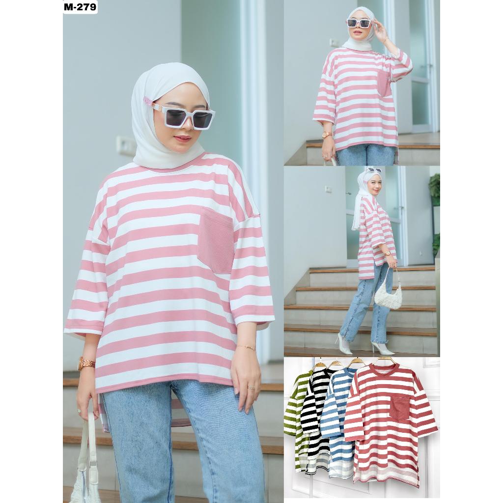 MBO ATASAN KAOS WANITA OVERSIZED UNQL MOTIF GARIS KANTONG SATU PENDEK BELAKANG PANJANG FASHIONABLE