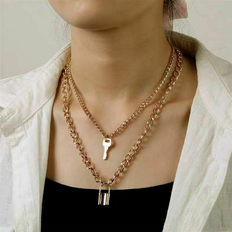 Kalung rantai kunci gembok fashion wanita necklace chain lock key aksesoris accesories multilayer mu