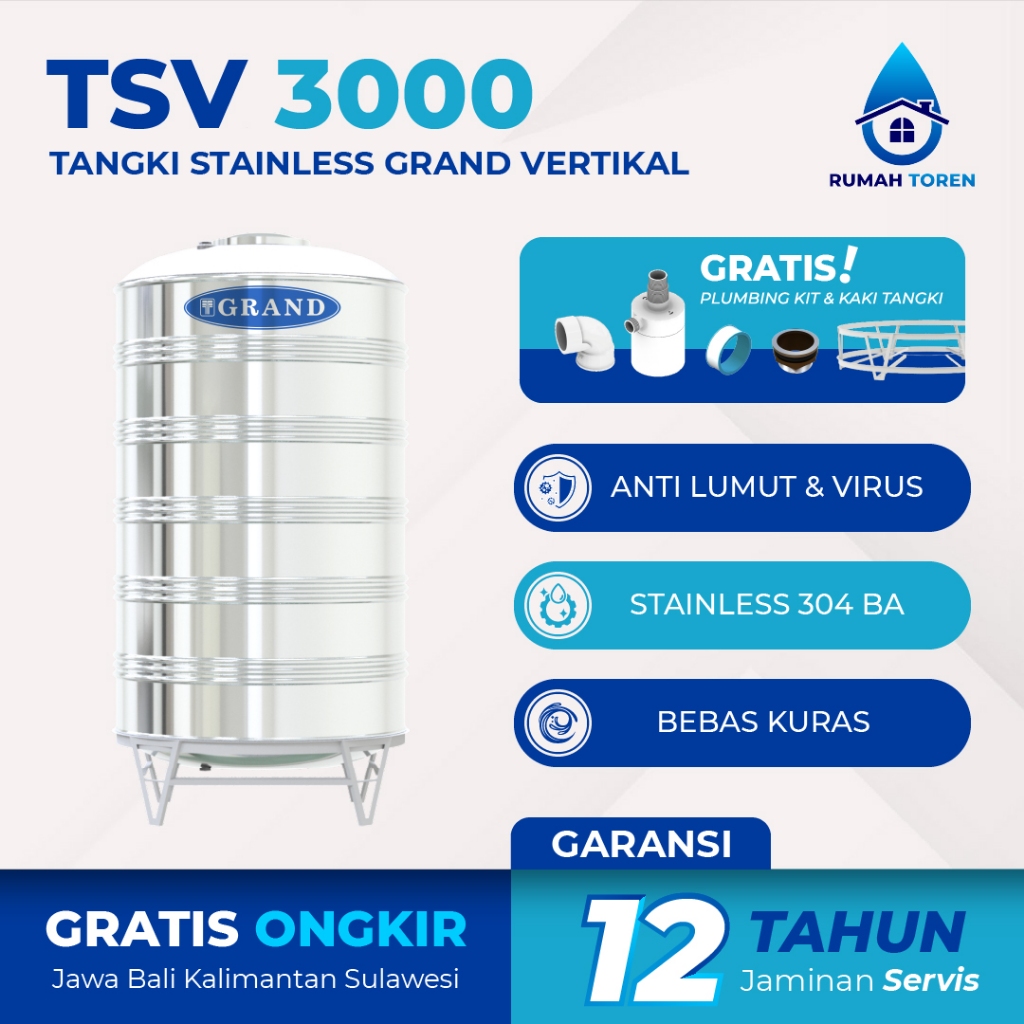 Tangki Tandon Toren Air Stainless Steel Grand TSV 3000 Garansi 12 Tahun Free