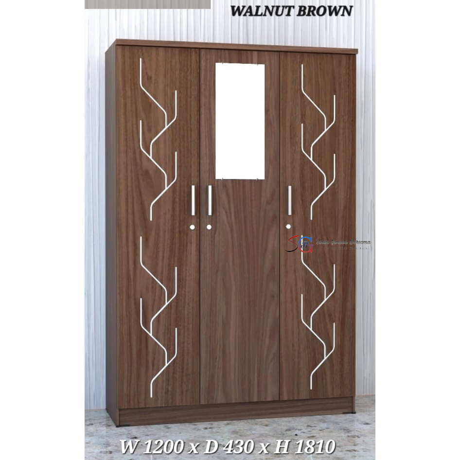 LEMARI PAKAIAN 3 PINTU WALNUT BROWN RANTING DENGAN 2 GANTUNGAN BAJU + 6 RAK + KACA LUAR + 1 LACI DAL