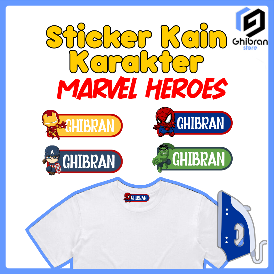 

Stiker Kain Marvel Heroes Custom Nama Isi 40 pcs | Stiker Kain Waterproof Custom