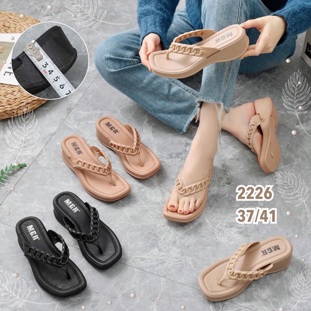[NEW] Sandal Jepit Wedges Karet Jelly Korea Wanita Ring Rantai Simple Elegan Cantik Impor MGR Mokaya
