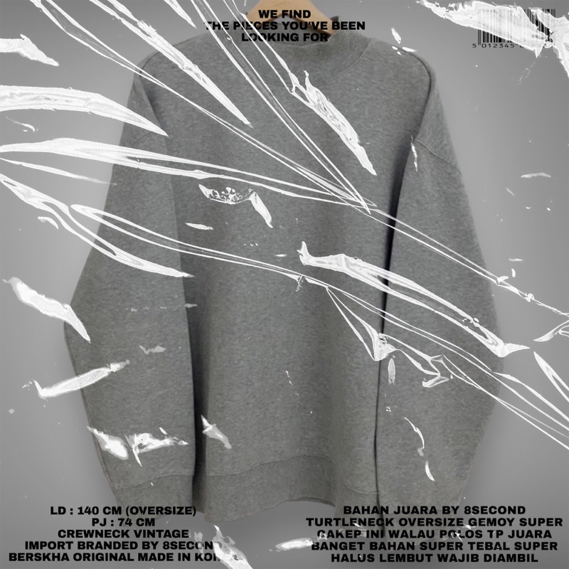 8second original/berskha/grey sweater/turtleneck oversize sweater/branded/oversize crewneck/ 8second