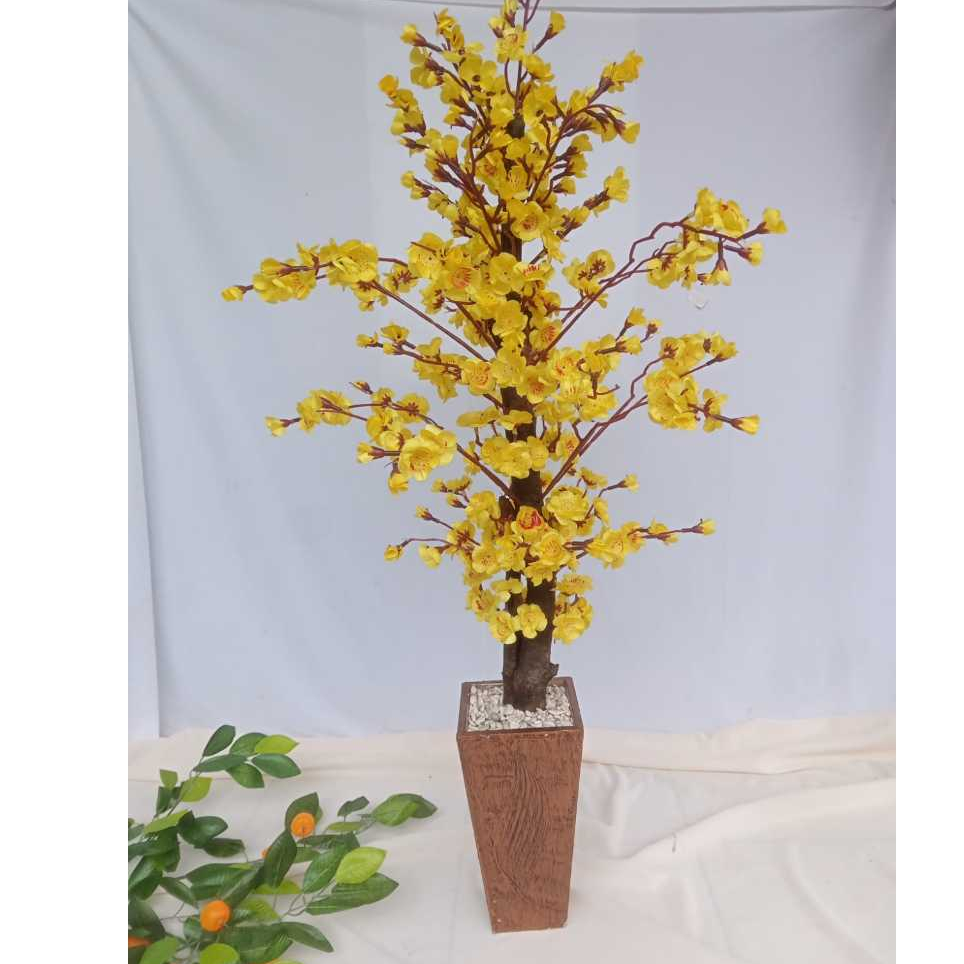 HIASAN RUANGAN BUNGA SAKURA DENGAN POT KAYU UKIR //TANAMAN PAJANGAN DEKORASI+POT+BATU // BUNGA HIAS