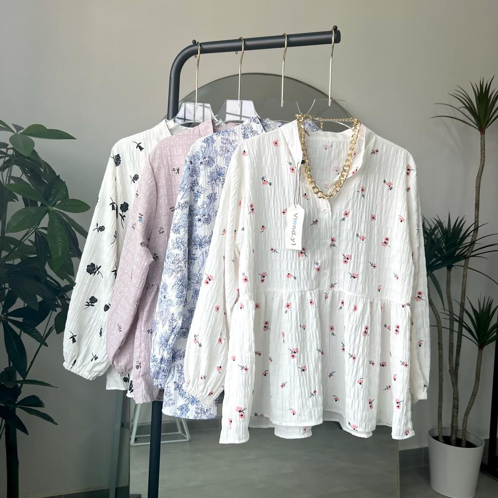 Terbaru Shirt Motif Bunga  Atasan Wanita Kemeja Korea Blouse Lengan Panjang E25 grosir