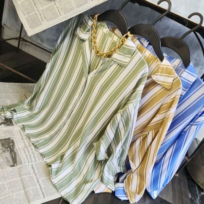 baju atasan kemeja wanita salur garis baju kemeja wanita jumbo/blouse baju salur