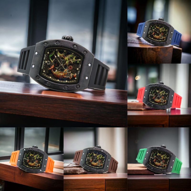 GROSIR MURAH PREMIUM...Jam Tangan Pria Keren New RM TIGER & DRAGON Case Black 4,2cm Strap Rubber