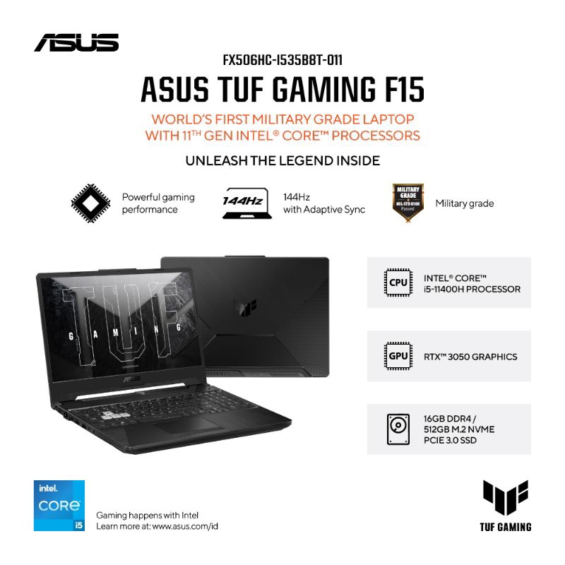 Asus TUF F15 FX506HC-I535B6T-O11 Gaming Laptop [i5-11400H/RTX 3050 4G/8Gb/512Gb PCIe/RGB/WIN11/FHD I