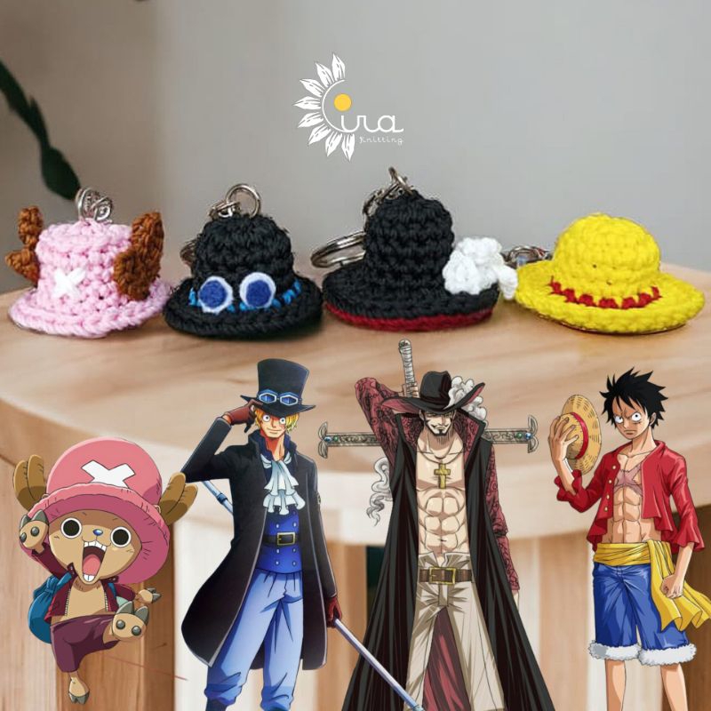 Gantungan kunci topi anime one piece Luffy sabo coper mihawk rajut amigurumi crochet