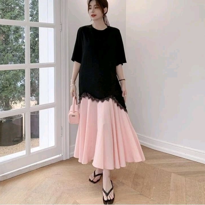 83210 Baju mididress SACHIKO DROP WAIST MIDI DRESS lengan pendek dres Korea Korean style wanita prem