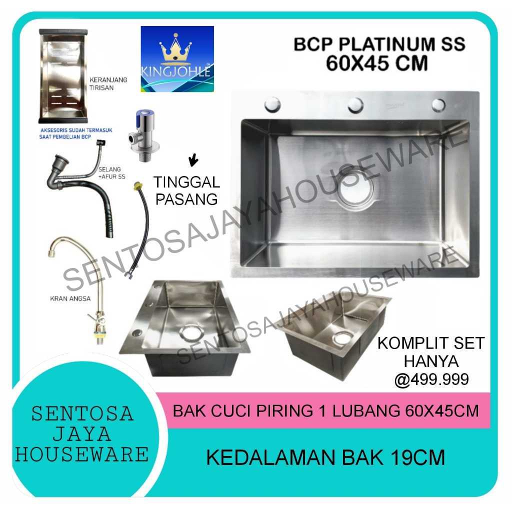 BAK CUCI PIRING STAINLESS 1 LUBANG 60CM X 45CM / BCP 1 LUBANG STAINLES