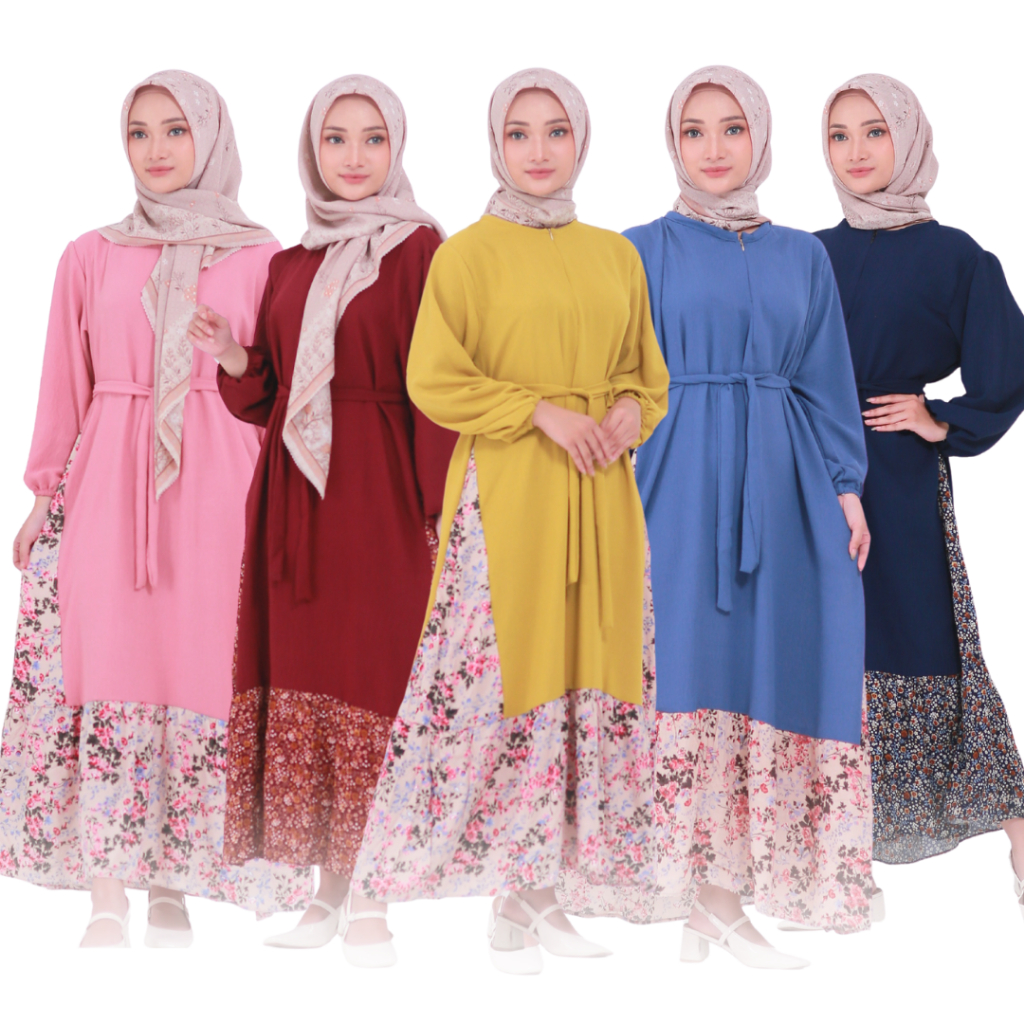 Sabira Midi Dress Crinkle Airflow Kombinasi Rayon Motif Bunga Random | Dress Dewasa Motif | Dress Perempuan Jumbo Fashion Kekinian