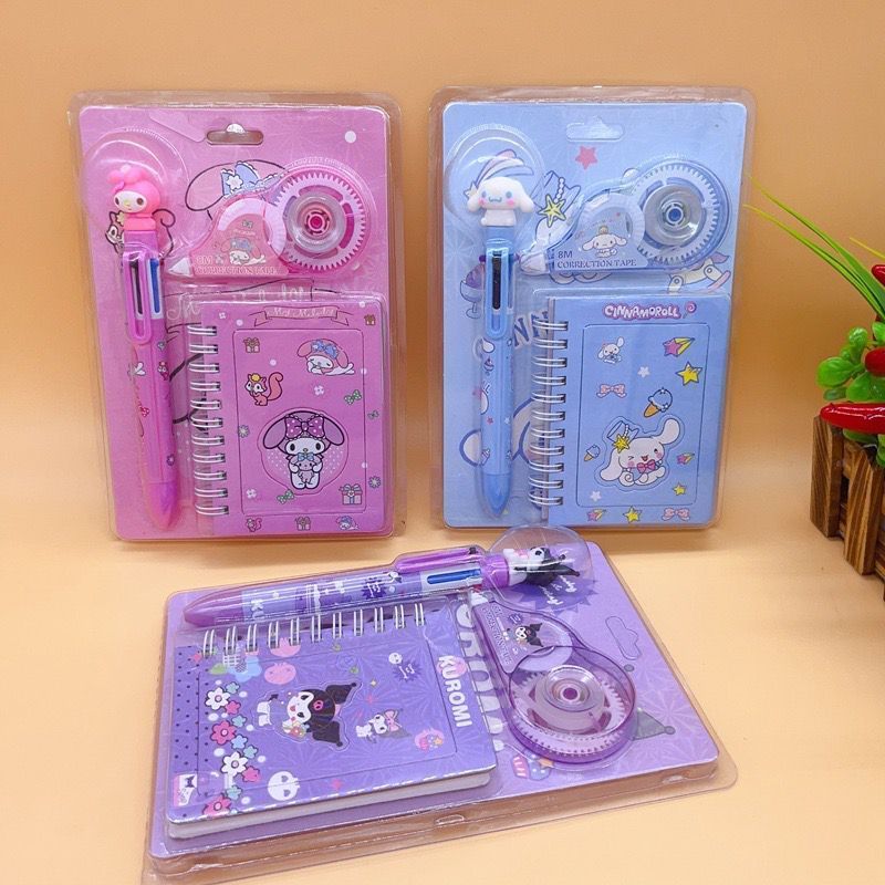 

Set Perlengkapan Alat Tulis Karakter Sanrio Pulpen + Correction Tape + Notebook Mini Kuromi Cinnamoroll My Melody
