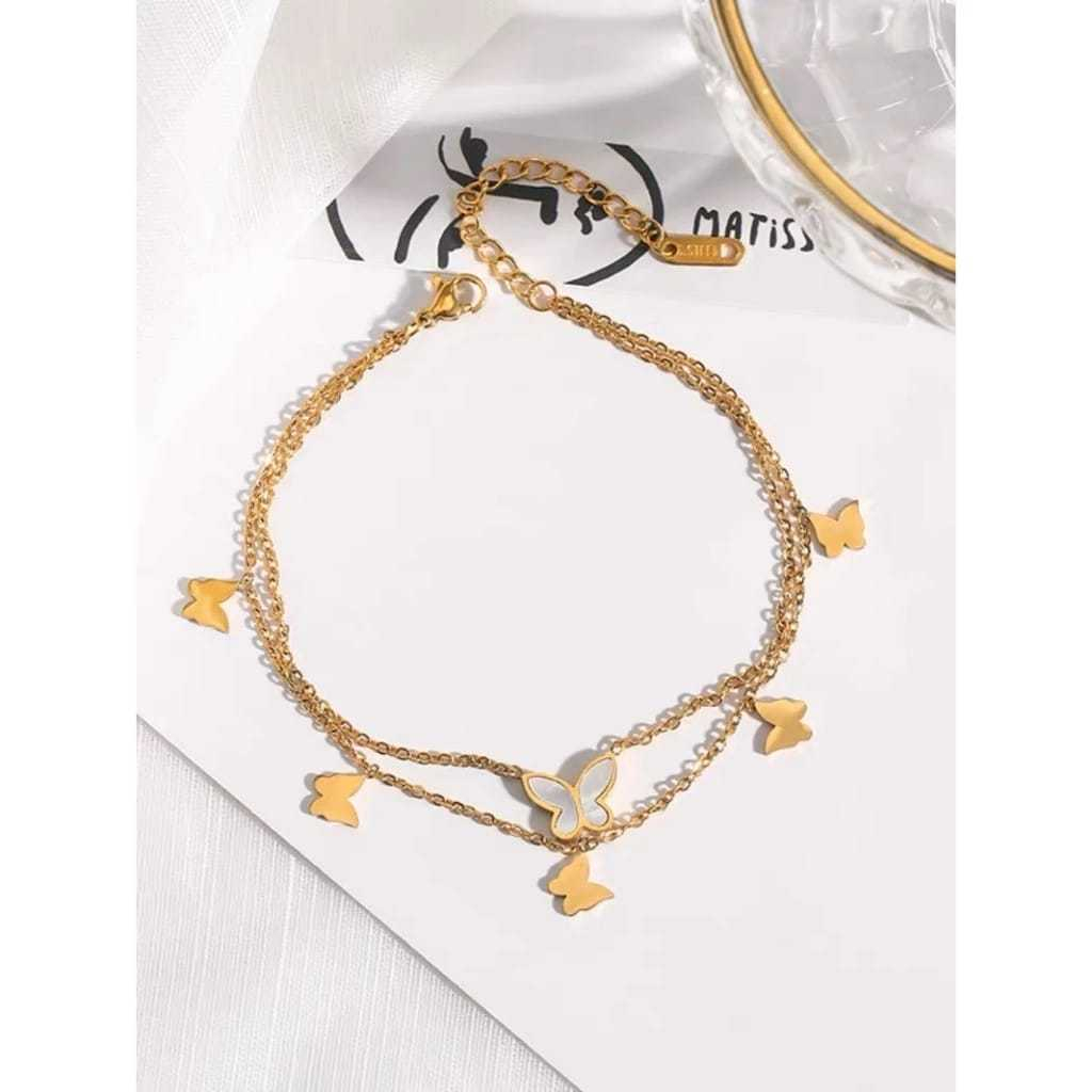 Gelang Kaki Titanium Wanita Korea/Gelang Kupu-kupu Dua Layer/Gelang Kaki